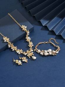 3件套时尚优雅水钻蓝水晶吊坠项链耳环套装，女士首饰套装，新娘首饰套装，派对、圣诞节、新年礼物 - 金藍色 - 查看 2