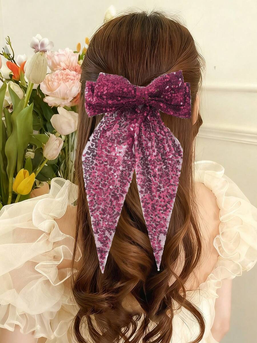 1Pc Sparkling Sequin Ombre Tulle Bow Hair Clips, 3 Styles (Burgundy/Navy/Gold), Party Glitter Hair Accessories, Prom Shining Hairpins - Multicolor - View 1