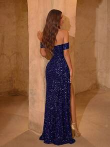 ADYCE Women's Off-Shoulder Ruched High Slit Party Maxi Dress, Suitable For Dancing, Cocktail Parties, With Flowing Ribbon Ties - Navy Blue - View 2