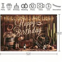 2D西部牛仔主题背景 - 复古木墙搭配串灯设计，带有“生日快乐”标牌，适用于生日派对、婚礼、乡村家居装饰、室内/户外活动、多功能节日庆典装饰、拍照道具，是活动策划者的必备之选。 - 彩色 - 查看 5