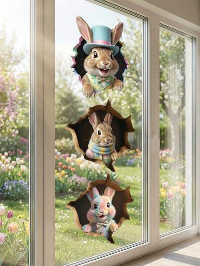 1 Piece Peeking Easter Bunny & Decorated Eggs & Wildflower Pattern Static Window Sticker, Whimsical Festive Reusable Self-Clinging No-Residue Window Cling For Easter Party Kids' Room Kitchen Window Home Decor Spring Seasonal Accent