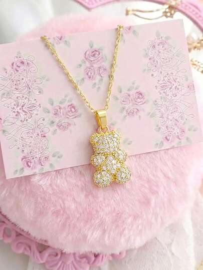 1pc Dainty Cubic Zirconia Paved Bear Necklace, 18K Gold Plated Cute Animal Charm Collarbone Chain, Sweet Birthday Valentine's Day Gift,Daily Outfit Accessories For Her