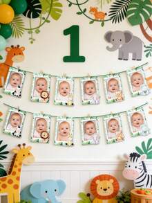 1 Set Pancarta de Foto de 1er Cumpleaños, Pancarta de Decoración de Fiesta de 1er Cumpleaños con Tema de Animales de la Selva, Decoración de Fiesta de 1er Cumpleaños, Suministros de Fiesta de 1er Cumpleaños, Decoración de 1er Cumpleaños "Wild One", Pancarta de Marco de Foto de 1-12 Meses, Colgante de Pared para Fiesta de Baby Shower - Animales de la selva - Ver 6