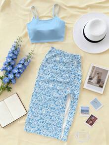 女士两件套休闲波西米亚风碎花系带开衩下摆沙滩度假套装 - 淺藍色 - 查看 7