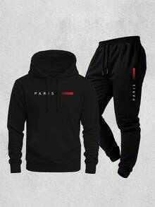 New Paris Print Warm Sweatshirt And Pants Set, Comfortable Autumn/Winter Loose Fit, Drawstring, Pockets, And Hood. - Black - View 1