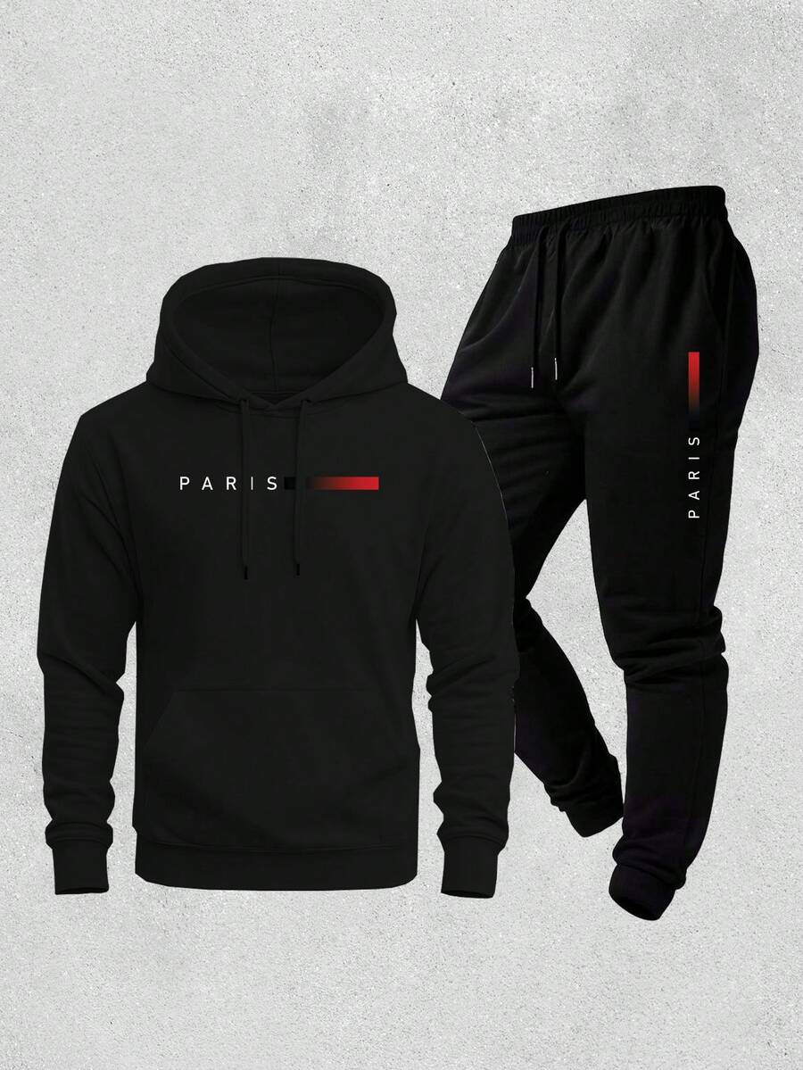 New Paris Print Warm Sweatshirt And Pants Set, Comfortable Autumn/Winter Loose Fit, Drawstring, Pockets, And Hood. - Black - View 1