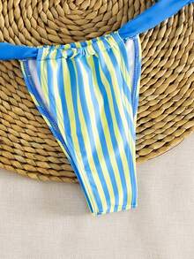 New Solid Color Halter Tie Elegant Sexy Micro Triangle Bikini Set, Summer Beach Fashion Swimwear For Women Vacation - Yellow and Blue Stripes - View 6