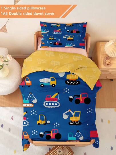 Bộ chăn ga gối 2 món cho trẻ nhỏ hình xe công trình (Bộ sưu tập bốn mùa) Bộ vỏ chăn hai mặt cho bé, có thể giặt máy, phù hợp với giường cũi trẻ sơ sinh, quà tặng dịp lễ (1 vỏ gối in một mặt + 1 vỏ chăn in hai mặt, không kèm ruột chăn) Vỏ gối in một mặt, kích thước 40x60cm, 100% polyester
