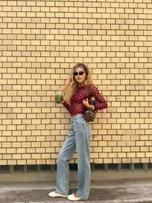 Women's Elegant Casual Fashionable Sexy Mesh Classic Polka Dot Cropped Top - Boat Neck, Front Ruching, Waist Ruching Details, Long Sheer Sleeves - Burgundy - View 4