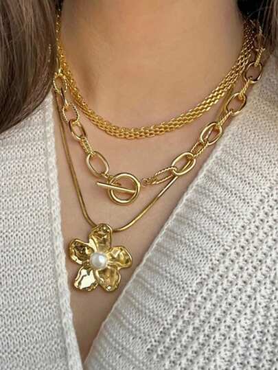 3件套优雅铜质花朵吊坠项链套装，时尚简约设计，适合女性佩戴，可用于节日、派对、生日、日常佩戴。