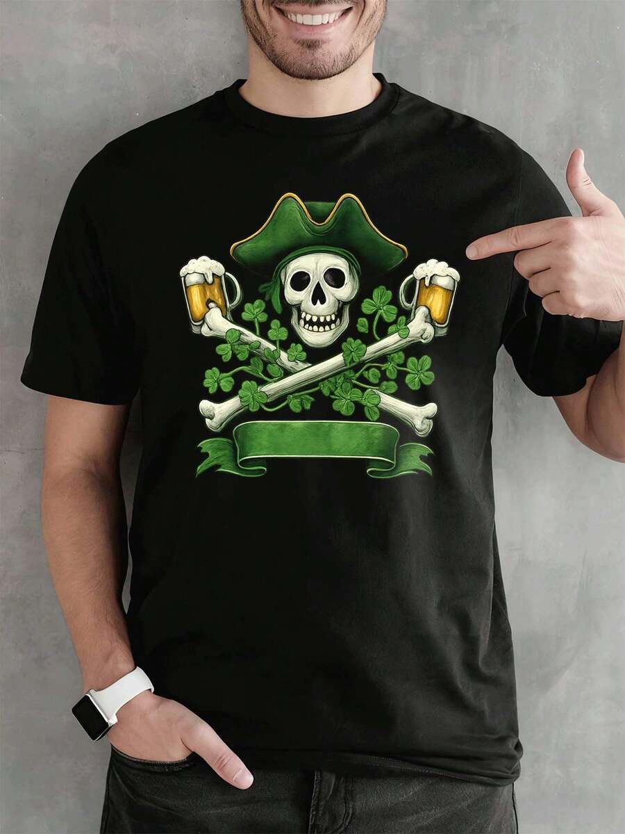 Skull Beer Clover Pirate Graphic Tee Premium Cotton, Relaxed Fit, Street Hip-Hop, Breathable - Black - View 1