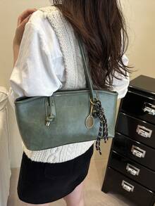 1pc Vintage Oily Leather Handbag, Knotted Handle Design, Convertible To Shoulder Bag And Tote Bag, Suitable For School And Work Commute, Multi-Functional Tote Bag (Actual Product Color May Vary Slightly Due To Lighting And Angle During Photography) - Green - View 6