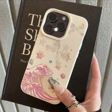 Ocean 1pc TPU Material Sweet Pink Wave Floral Starfish Bow Design Phone Case Compatible With IPhone 17 Pro Max/17/16 Pro Max/15/13/12/11, S20 FE/A15/S24/A55, Note 11/Note 12/Note 13 Pro, Full Coverage Anti-Drop Soft Protective Phone Cover - White - View 2