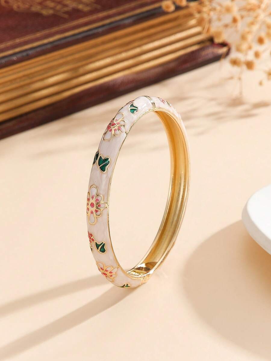 1pc Fashion New Gold Plated Flower Pattern Enamel Cloisonne Bracelet Bangle Jewelry For Girls And Women - White - View 1