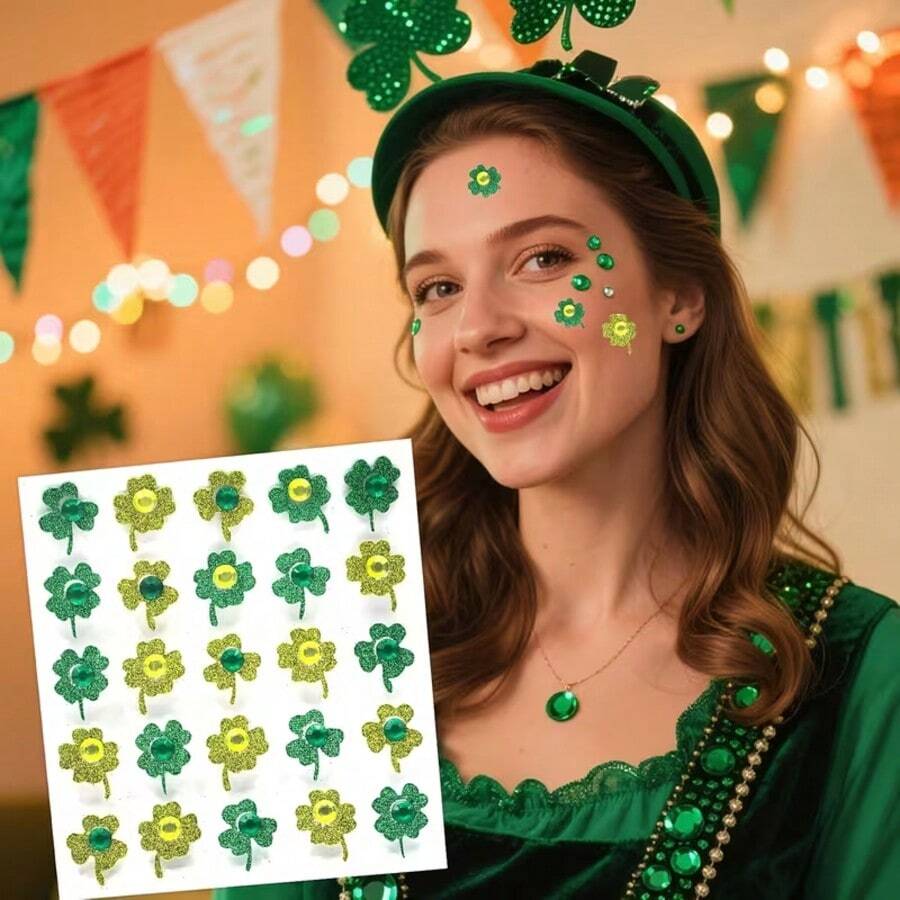 圣帕特里克节金洋葱闪光三叶草面膜，手工闪亮三叶草面部贴纸，水晶手臂贴纸，DIY手工创意贴纸 - 彩色 - 查看 1