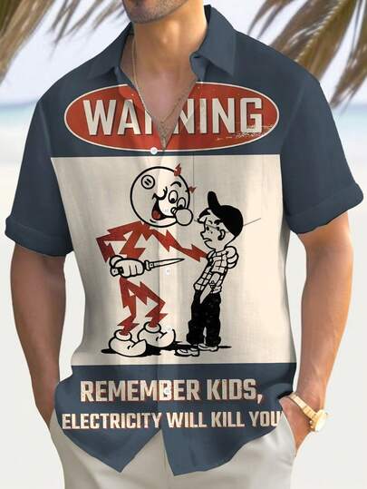 Camisa hawaiana de manga corta con botones y estampado de advertencia de descarga eléctrica divertida y retro para hombres