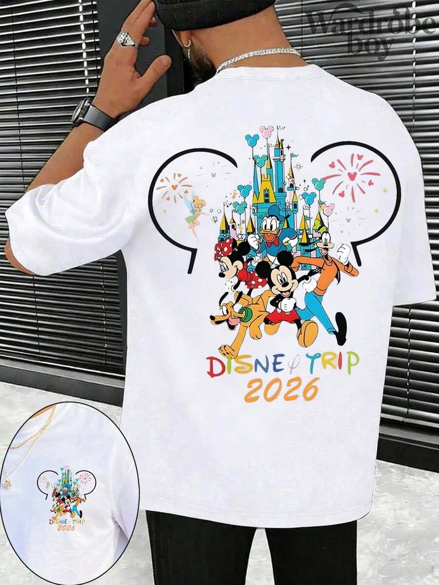 Disney Printed T-Shirt,Men's Mickey Castle Print T-Shirt, Disney Family Trip T-Shirt, Disney Vacation T-Shirt, Unisex,High-Quality Pure Cotton T-Shirt,Suitable For All Seasons, Comfortable And Breathable| Exquisite Design | The Best Choice For Giving Gifts - 白色 - 查看 1