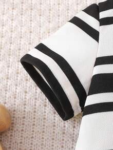 Summer Baby Fashionable Striped Black & White Polo Collar Embroidered Romper - Black - View 6
