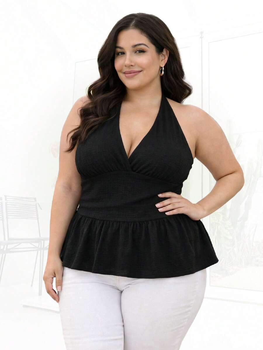Plus Size Ribbed Peplum Halter Top - Comfortable And Stylish Summer Blouse - Fits Sizes GG To G2 - Negro - Ver 1