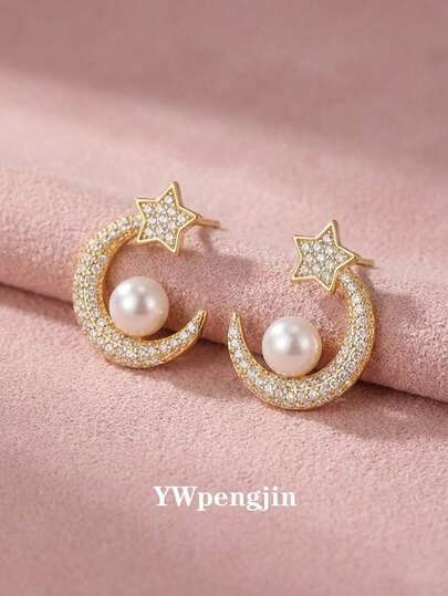 1pair Kids Fashion Cubic Zirconia Decor Five-Pointed Star & Moon Stud Earrings For Girls Delicate Street Jewelry For Daily Decoration For Children Birthday Gift