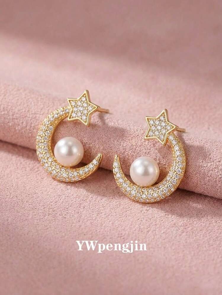 1pair Kids Fashion Cubic Zirconia Decor Five-Pointed Star & Moon Stud Earrings For Girls Delicate Street Jewelry For Daily Decoration For Children Birthday Gift - one-size - View 1