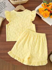 Girls 2pcs Summer Cute Floral Button-Front Top + Ruffle Shorts Set, Cute Floral Pattern Outfit, Suitable For Daily Casual And Outdoor Activities - Yellow - View 3