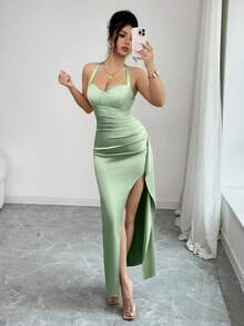 abyoxi Women's Pea Green Satin, Halter Neck Lace Up, Backless, High Split Slim Fit Long Dress, Elegant, Sexy Young Hot, Date, Formal Dinner Evening Gowns, Wedding, Birthday, Party, Bodycon Spring Summer Maxi Dresses - Pea Green - View 7