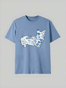 Women's Spring/Summer Corgi & Blue Floral Print T-Shirt, Mother's Day Gift Casual - Dusty Blue - View 3