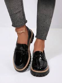 女士厚底圆头黑色漆皮装饰乐福鞋，休闲日常通勤学生鞋，适合所有季节 - 黑色 - 查看 6