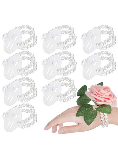 10pcs/Set Elastic Pearl Wrist Corsage, Adjustable Pearl Wrist Bracelet, DIY Faux Flower Decor For Wedding, Party, Beach, Graduation, Prom, Bridesmaid Gift