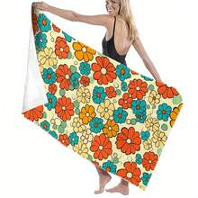 1pc Retro Orange & Blue Floral Microfiber Beach Towel, 360g 30x59inch, Durable & Soft Picnic & Summer Fun, High-End Grade - 30*59inch - View 5