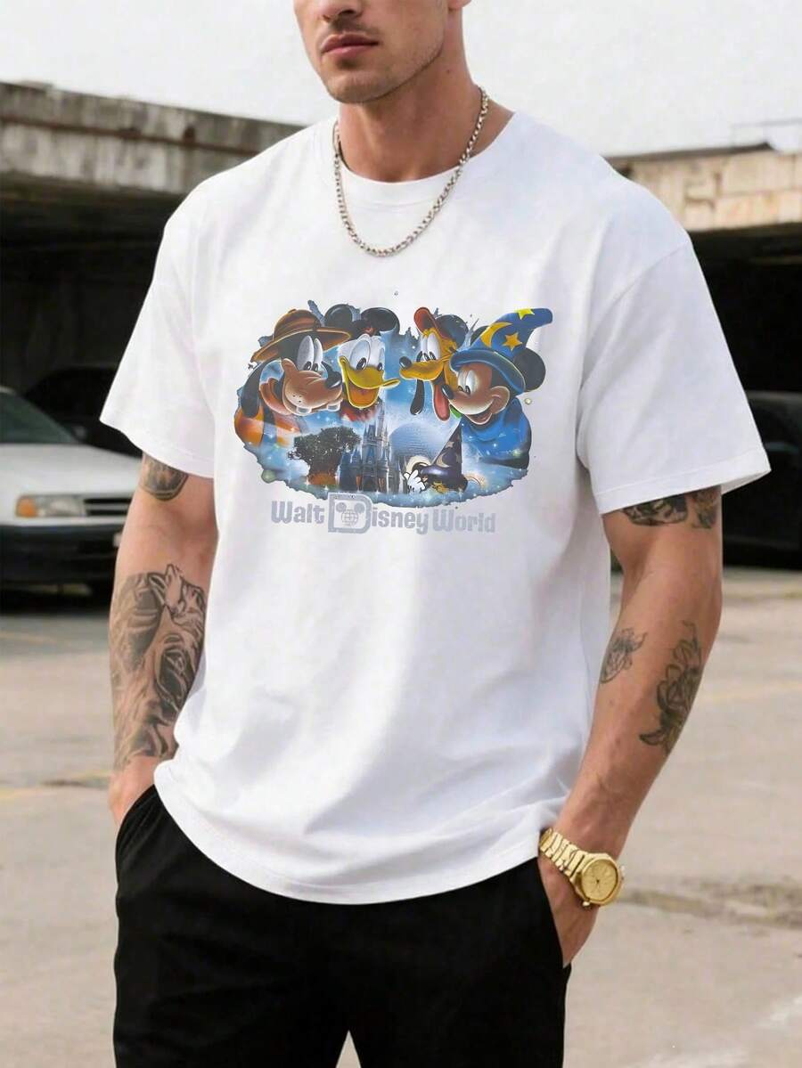 Men's Disney Casual T-Shirt, Walt Disney World Character Collage Print, Watercolor Design, Comfortable Soft Fabric, Ideal For Theme Park Visits - trắng - Xem 1