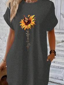 Printed-Shirt Dress, Short Sleeve Round Neck Casual Overseas Heat Transfer Dress, Suitable Summer And Spring, Women's Clothing AFT5 - Màu be - Xem 6