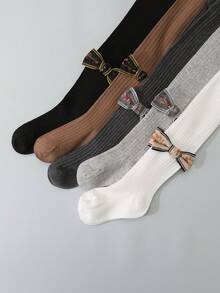 5 piezas Leggings/Mallas de niña con rayas verticales sólidas y decoración de lazo estilo retro, aptos para primavera, otoño y todas las estaciones - Multicolor - Ver 8