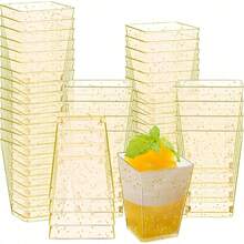 50个5盎司金色闪光迷你甜点杯，带勺子，塑料芭菲杯，方形甜点杯，适合派对、布丁、奶酪和芝士蛋糕慕斯 - 金色 - 查看 9