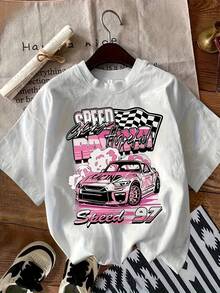 Camiseta Retro de Carreras Anime para Mujer - Diseño de Coche Speed Queen Blanco con Banderas a Cuadros y Coche Rosa, Tejido Suave y Transpirable, Corte Holgado para Cosplay, Fiestas Temáticas, Ropa Casual de Calle - Estilo Vintage - Blanco - Ver 1