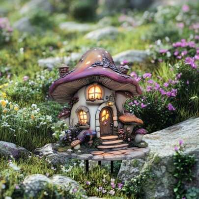 Magic Bohemian Red Mushroom House Acrylic Garden Insert - Weatherproof Outdoor Decoration, Versatile Fairy Tale Style Yard Decoration, Suitable For Yard And Patio, Perfect New Home Gift, 19.99cm X 13.97cm-2D Flat