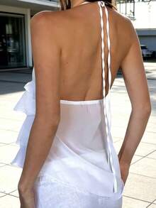 Women's Halter Neck Tops Sleeveless Open Back Layered Ruffle Hem Cami Tops Summer Shirts - White - View 3