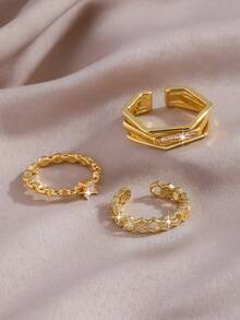 3pcs/Set Open Design Fashion Micro Pave Butterfly, Heart & Line Pattern Ring Set, Geometric Rings, Gold Color, Suitable For Women's Daily, Festival, Party Wear Or Gift - Gold - View 2