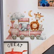 1 hoja de pegatinas de pared con diseños de tren de animales lindos con maquinista gato y elefante, jirafa, león, tema de dibujos animados, calcomanías de animales extraíbles y adhesivas para decoración de dormitorio, sala de estar, tema de la selva - A - Ver 4