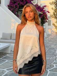 Women Tank Tops Halter Neck Sleeveless Lace Patchwork Summer Flowy Vest For Vacation Beach - Beige - View 1