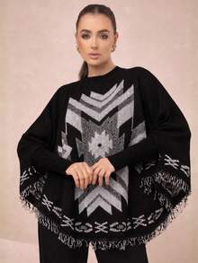 Luxury Women's Knitted Poncho With Long Sleeves, Scarf, Autumn And Winter Style. - màu đen - Xem 1