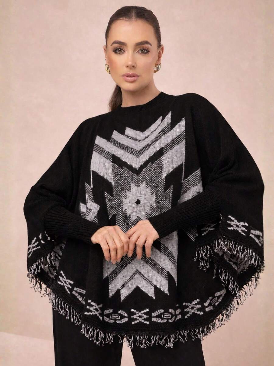 Luxury Women's Knitted Poncho With Long Sleeves, Scarf, Autumn And Winter Style. - màu đen - Xem 1