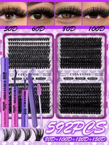 640/592/576 piezas Conjunto de pestañas individuales con rizado D, incluye pegamento para pestañas, pinzas, cepillo para pestañas, adecuado para principiantes, kit de extensión de pestañas postizas naturales y esponjosas, conjunto de pestañas de alto volumen con pegamento para pestañas, libro de maquillaje clásico DIY para el hogar, grupos de pestañas postizas de alta capacidad con herramientas - Morado - Ver 4