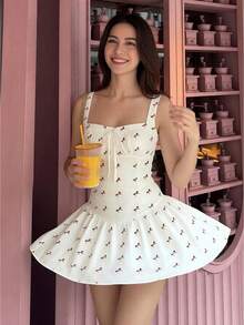 Women Summer Casual Square Neck Mini Sundress Corset A Line Flowy Swing Cute Graduation Party Short Dress - trắng - Xem 1