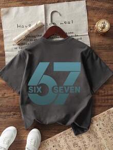 Tween Boy Popular "SIX SEVEN 6 7" Numeric & Letter Print T-Shirt, Suitable For Boys Street, Campus, Event, Daily Wear, Fashionable Summer Top - Dark Grey - View 2