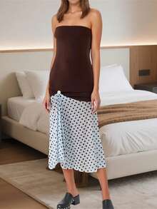 Women Strapless Midi Dress Slim Off Shoulder Sleeveless Dot Print Patchwork Ruffled Hem Dresses For Daily Party Club - 深棕色 - 查看 3