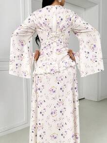 Women's Floral Print Round Neck Long Sleeve Ruffle Hem Elegant Arabic Style Dress - Multicolor - View 2