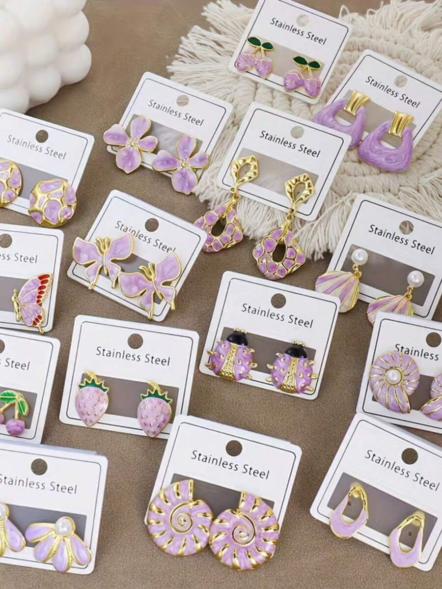 28件套304不锈钢耳环套装 - 蝴蝶、草莓、贝壳、花朵、心形、星星、叶子、珠子、蝴蝶结、小鸟、花卉、几何图案、粉彩色系（粉色、紫色、绿色，适合青少年，可爱耳环）（随机发货） - 彩色 - 查看 1
