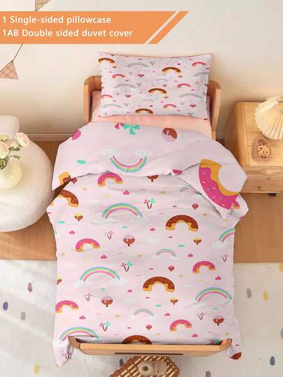 2pcs Toddler Bedding Set Sweet Donut Rainbow Duvet Set (Four Season Collection) Double-Faced Duvet Cover Set For Baby Children's Machine Washable Suitable For Newborn Beds Crib Giving Gifts During Holidays (1 Single-Sided Printed Pillowcase + 1 Doublesided Printed Duvet Cover, No Filling Material) The Pillowcase Is Single-Sided Printed And Measures 40x60cm 100% Polyester